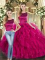 Admirable Scoop Sleeveless Quinceanera Dress Floor Length Ruffles Fuchsia Tulle