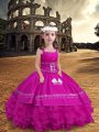 Affordable Fuchsia Ball Gowns Embroidery and Ruffled Layers Girls Pageant Dresses Zipper Satin and Organza Sleeveless Floor Length
