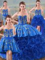 Modest Royal Blue Ball Gowns Embroidery and Ruffles 15 Quinceanera Dress Lace Up Fabric With Rolling Flowers Sleeveless Floor Length