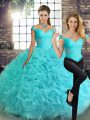 Off The Shoulder Sleeveless Lace Up Quinceanera Gown Aqua Blue Fabric With Rolling Flowers