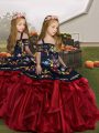 Cute Wine Red Ball Gowns Straps Sleeveless Organza Floor Length Lace Up Embroidery and Ruffles Pageant Gowns For Girls