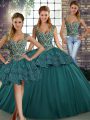 Shining Straps Sleeveless Sweet 16 Quinceanera Dress Floor Length Beading and Appliques Green Tulle