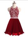 Extravagant Wine Red Chiffon Lace Up Halter Top Sleeveless Mini Length Homecoming Dress Beading