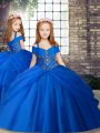 Beading Little Girls Pageant Gowns Royal Blue Lace Up Sleeveless Floor Length
