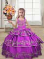 Customized Sleeveless Lace Up Floor Length Embroidery and Ruffled Layers Little Girls Pageant Gowns