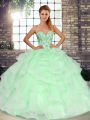 Floor Length Lace Up Vestidos de Quinceanera Apple Green for Military Ball with Beading and Ruffles