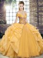 Edgy Gold Ball Gowns Off The Shoulder Sleeveless Organza Floor Length Lace Up Beading and Ruffles Quince Ball Gowns
