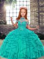 Turquoise Ball Gowns Tulle High-neck Sleeveless Beading and Ruffles Floor Length Lace Up Pageant Dress for Womens