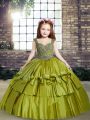 Sleeveless Floor Length Beading Lace Up Child Pageant Dress with Olive Green