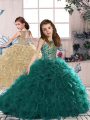 Turquoise Lace Up Scoop Beading and Ruffles Kids Formal Wear Organza Sleeveless