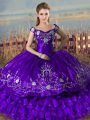 Best Selling Purple Ball Gowns Embroidery and Ruffled Layers Quinceanera Dresses Lace Up Satin and Organza Sleeveless Floor Length