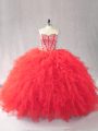 Edgy Floor Length Red Quince Ball Gowns Tulle Sleeveless Beading and Ruffles