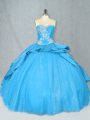 Best Selling Baby Blue Ball Gowns Sweetheart Sleeveless Satin and Tulle Court Train Lace Up Embroidery Sweet 16 Dress