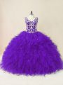 V-neck Sleeveless Sweet 16 Dresses Floor Length Beading and Ruffles Purple Tulle