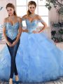 Fantastic Tulle Off The Shoulder Sleeveless Lace Up Beading and Ruffles Vestidos de Quinceanera in Blue