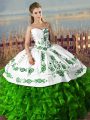Admirable Green Ball Gowns Sweetheart Sleeveless Organza Floor Length Lace Up Embroidery and Ruffles Quince Ball Gowns