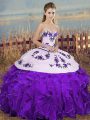 White And Purple Organza Lace Up Quinceanera Dress Sleeveless Floor Length Embroidery and Ruffles and Bowknot
