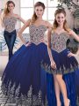 Royal Blue Three Pieces Sweetheart Sleeveless Tulle Floor Length Lace Up Embroidery Quinceanera Gowns