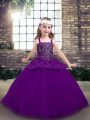 Latest Purple Tulle Lace Up Kids Formal Wear Sleeveless Floor Length Beading