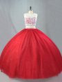 Floor Length Red 15 Quinceanera Dress Tulle Sleeveless Beading and Appliques