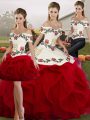 Custom Design White And Red Sleeveless Floor Length Embroidery and Ruffles Lace Up Ball Gown Prom Dress