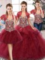 Sleeveless Floor Length Beading and Ruffles Lace Up Sweet 16 Dress with Burgundy