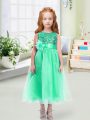 Vintage Scoop Sleeveless Flower Girl Dresses Tea Length Sequins and Hand Made Flower Turquoise Organza