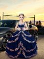 Latest Embroidery Girls Pageant Dresses Navy Blue Lace Up Sleeveless Floor Length