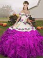 Hot Selling Off The Shoulder Sleeveless Quince Ball Gowns Floor Length Embroidery and Ruffles White And Purple Organza