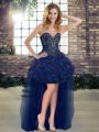 Latest Sweetheart Sleeveless Prom Gown High Low Beading and Ruffles Navy Blue Tulle