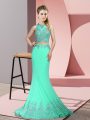 Sexy Apple Green Zipper High-neck Beading and Appliques Party Dresses Satin Sleeveless Sweep Train