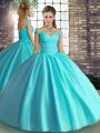Spectacular Aqua Blue Quinceanera Dresses Military Ball and Sweet 16 and Quinceanera with Beading Off The Shoulder Sleeveless Lace Up