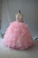 Top Selling Pink Ball Gowns Beading and Ruffles Quince Ball Gowns Backless Organza Sleeveless