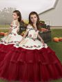 Latest Embroidery Kids Formal Wear Wine Red Lace Up Sleeveless Floor Length