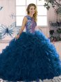 Sleeveless Organza Floor Length Lace Up Quinceanera Gowns in Royal Blue with Beading and Ruffles