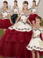 Tulle Off The Shoulder Sleeveless Brush Train Lace Up Embroidery and Ruffled Layers Quinceanera Gown in Wine Red