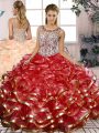Organza Scoop Sleeveless Lace Up Beading and Ruffles 15th Birthday Dress in Red