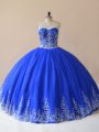 Hot Sale Royal Blue Sweetheart Lace Up Embroidery 15 Quinceanera Dress Sleeveless