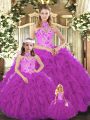 Discount Fuchsia Sleeveless Floor Length Embroidery and Ruffles Lace Up 15 Quinceanera Dress