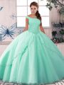 Apple Green Sleeveless Tulle Brush Train Lace Up Sweet 16 Quinceanera Dress for Military Ball and Sweet 16 and Quinceanera