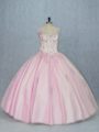 Stylish Baby Pink Ball Gowns Tulle V-neck Sleeveless Beading and Appliques Floor Length Backless Quinceanera Gown