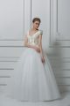 Ideal White Ball Gowns V-neck Short Sleeves Tulle Floor Length Lace Up Beading and Appliques and Bowknot Wedding Dresses