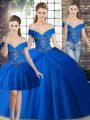 Free and Easy Royal Blue Lace Up Off The Shoulder Beading and Pick Ups Quinceanera Dresses Tulle Sleeveless Brush Train
