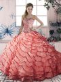 Lace Up Sweet 16 Quinceanera Dress Watermelon Red for Sweet 16 and Quinceanera with Beading and Ruffled Layers Brush Train