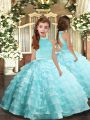 Sweet Organza Halter Top Sleeveless Backless Beading and Ruffled Layers Little Girl Pageant Gowns in Aqua Blue
