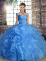 Blue Lace Up Ball Gown Prom Dress Beading and Ruffles Sleeveless Floor Length