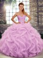 Gorgeous Tulle Sweetheart Sleeveless Lace Up Beading and Ruffles Ball Gown Prom Dress in Lilac