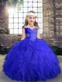 Blue Sleeveless Floor Length Beading and Ruffles Lace Up Little Girls Pageant Dress