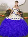 Romantic Floor Length Lace Up Ball Gown Prom Dress Blue for Military Ball and Sweet 16 and Quinceanera with Embroidery and Ruffles