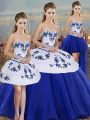 Elegant Floor Length Royal Blue Quinceanera Gown Tulle Sleeveless Embroidery and Bowknot